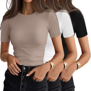 Ficerd 3 Pack Women's Ribbed T-Shirts | Cotton Short Sleeve, Basic Tees…