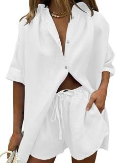 Fixmatti Women 2 Piece Outfits Long Sleeve Button Down Blouse and Shorts…