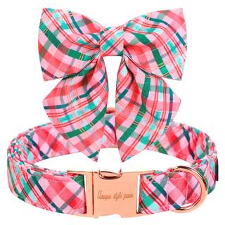 Unique style paws Dog Collar with Tie Pink & Green Plaid Dog Collar Best Gifts…
